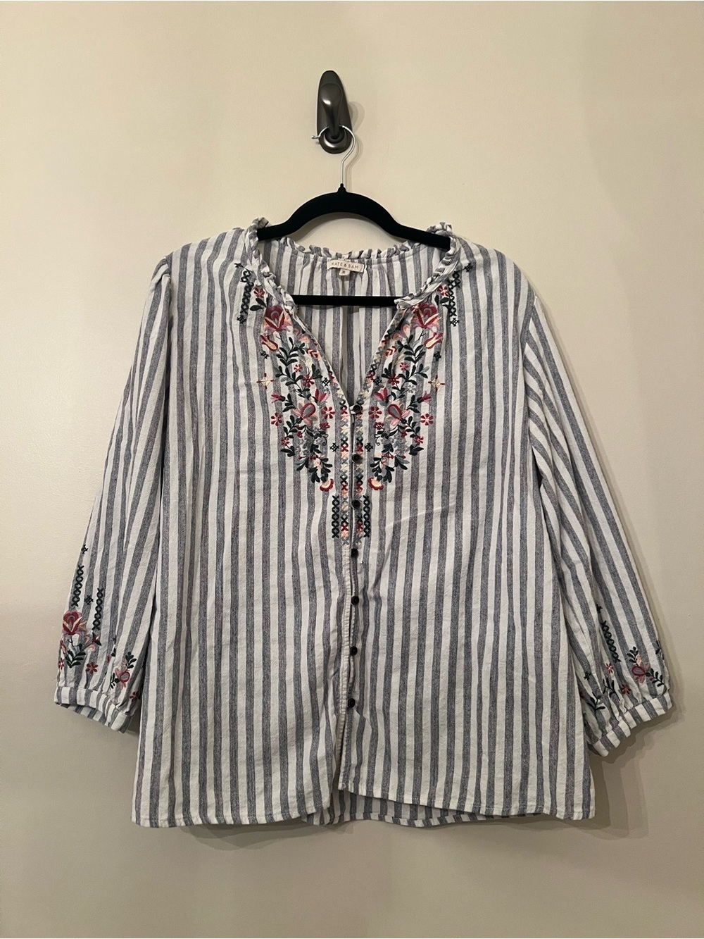 Striped Peasant Blouse with Floral Embroidery